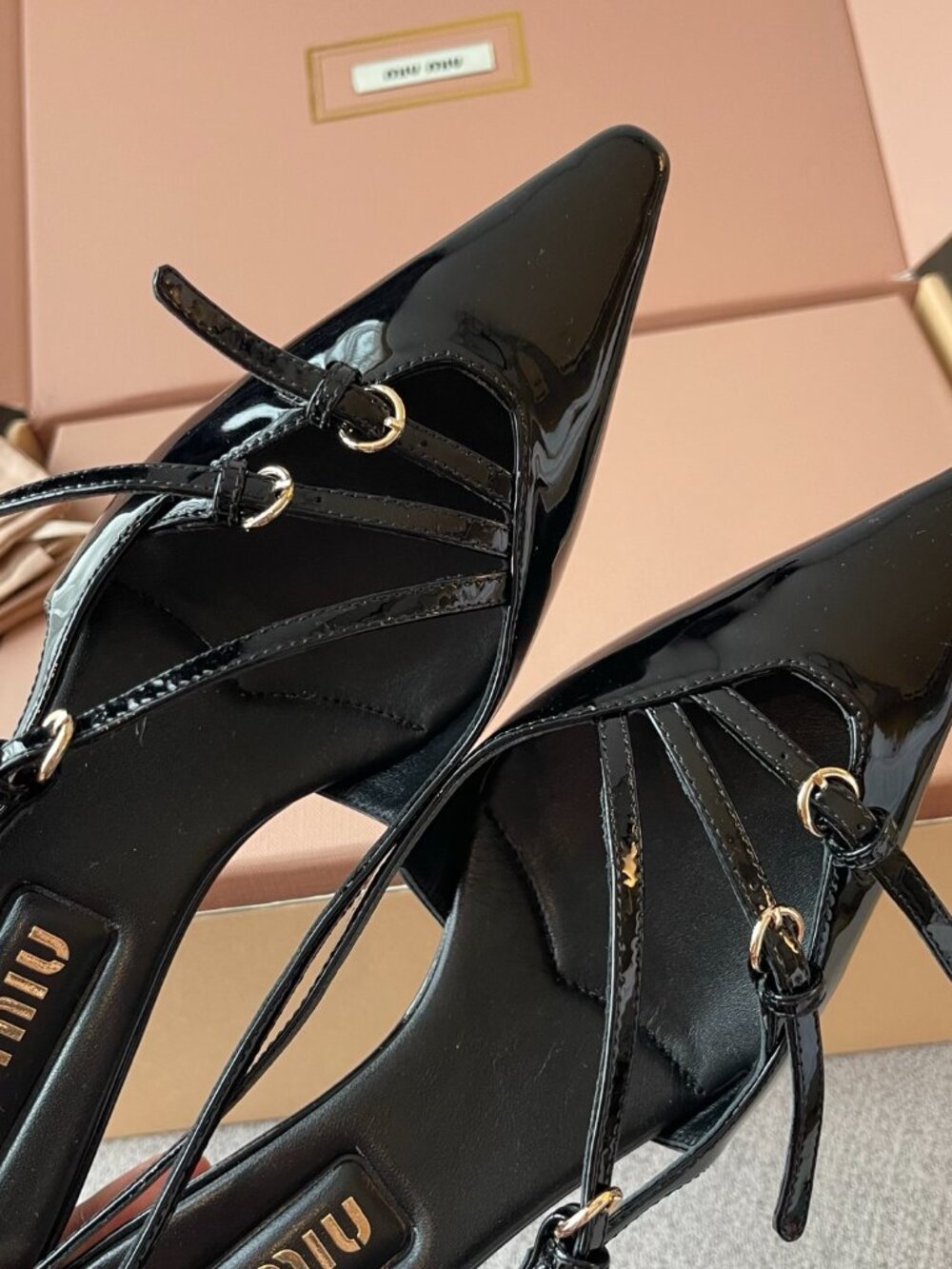 Miu Miu Patent Leather Strappy Pointed-Toe Open-Back High-Heeled Sandals - Picture 7 of 8